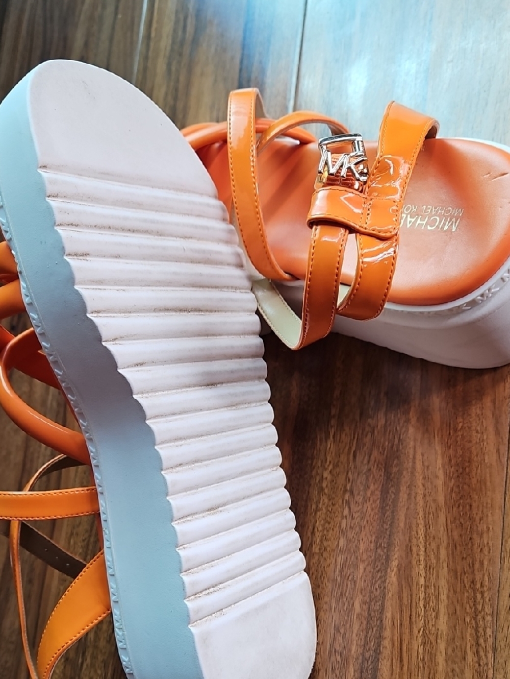 Michael Kors Orange Patent Strappy Platform Sandals - Picture 3 of 4